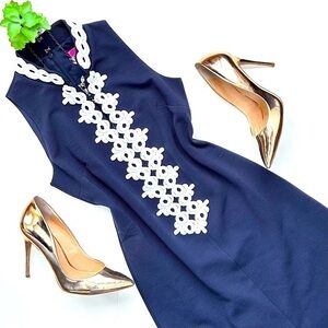 Lilly Pulitzer Navy Blue Callista Ottoman Shift Dress White Lace Trim Size XS